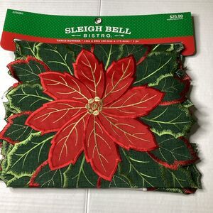 Sleigh Bell Bistro Christmas Table Runner 13x69 Embroidered Poinsettia NWT
